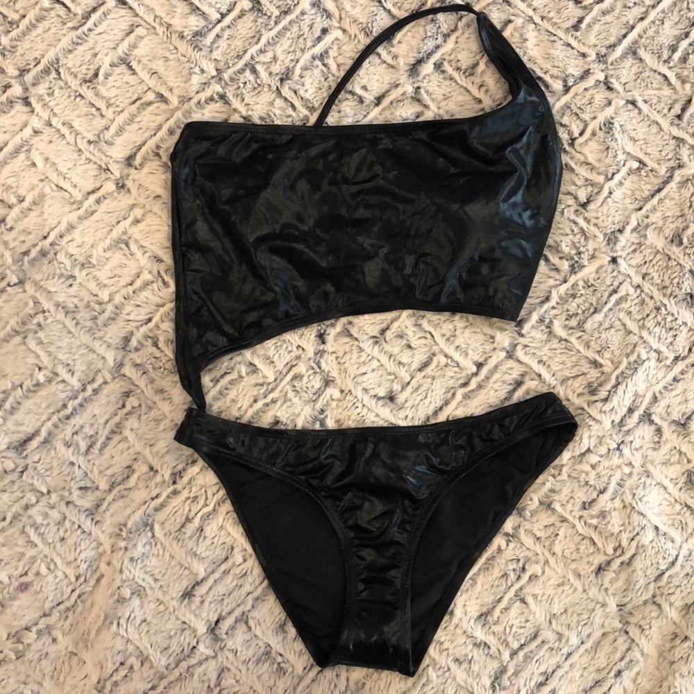 Black wet look one sided shoulder strap one piece